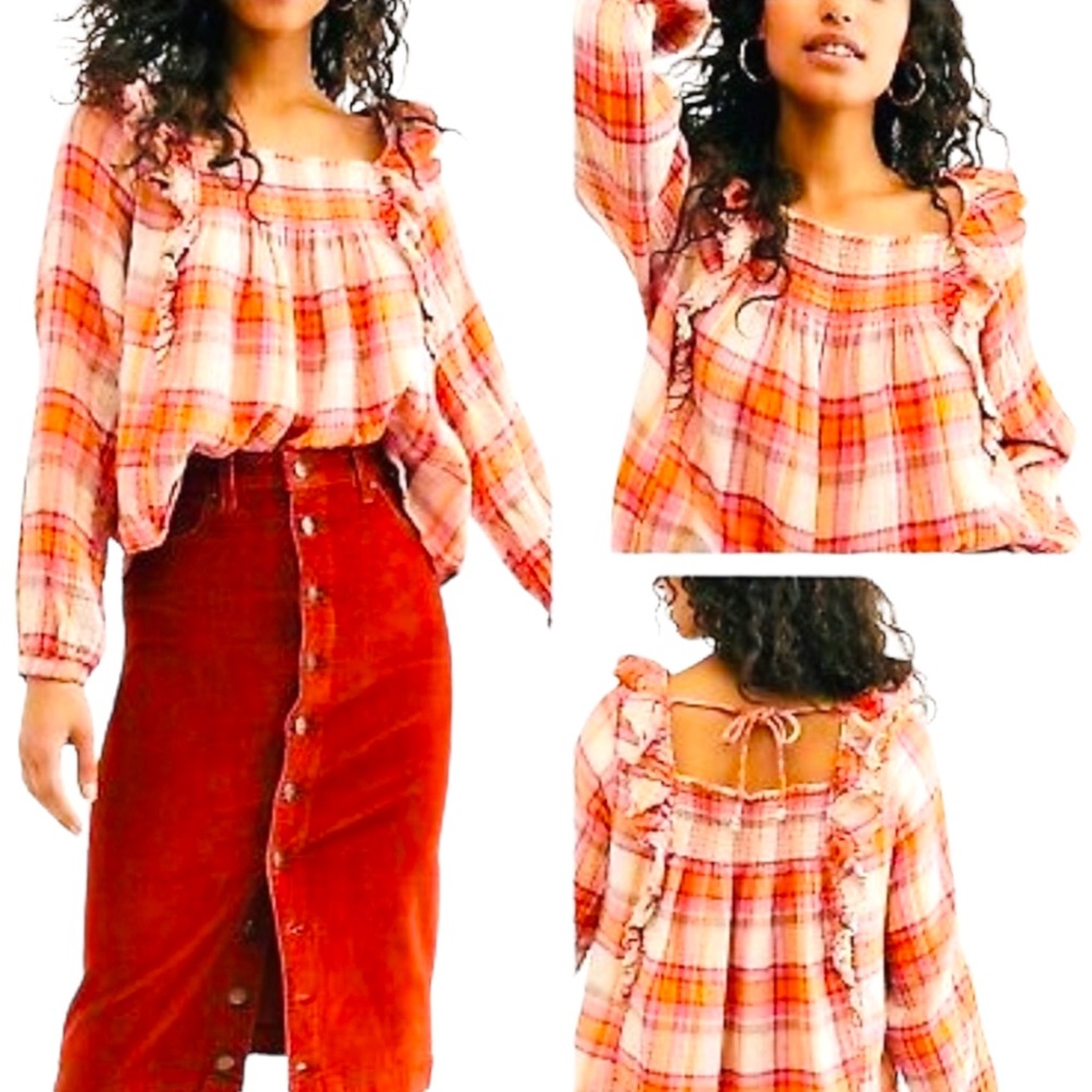 WE THE FREE 100% Cotton Ruffled & Smocked Prairie Plaid Long Sleeve Top Sz L